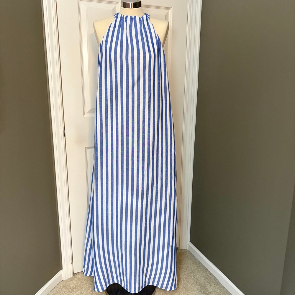 LOFT Blue White Striped Linen Blend Halter Maxi Dress Womens 10